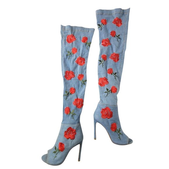 Akira Floral Embroidered Boots Sz 6.5 Thigh High Denim Peep Toe Stiletto 4.5" - Picture 13 of 16